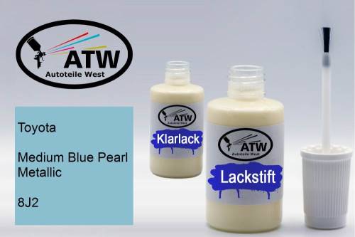 Toyota, Medium Blue Pearl Metallic, 8J2: 20ml Lackstift + 20ml Klarlack - Set, von ATW Autoteile West.